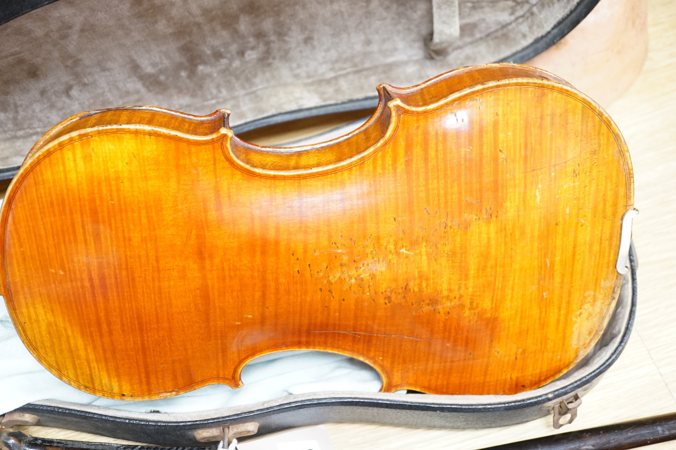 A 19th century French Grandjon school violin, labelled Joseph Guarnerins fecit Cremonae anno 1719 IHS, length of back 35.5 cm (14in.), cased